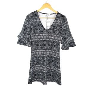 The Vanity Room Dress Woman XS Black Geometric Print Layered Flutter Sleeves